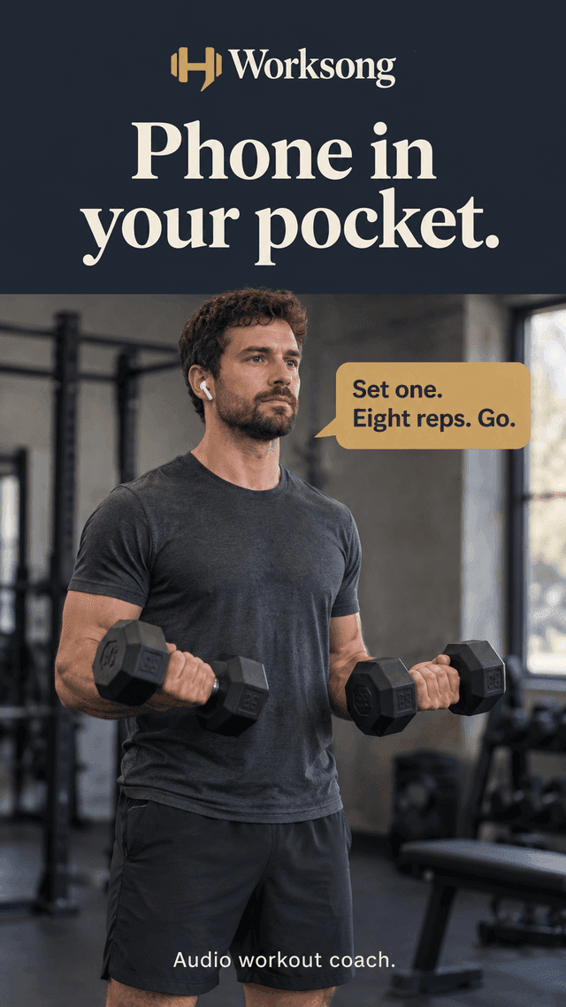 Phone in your pocket. A man mid-curl with earbuds in hears "Set one. Eight reps. Go."