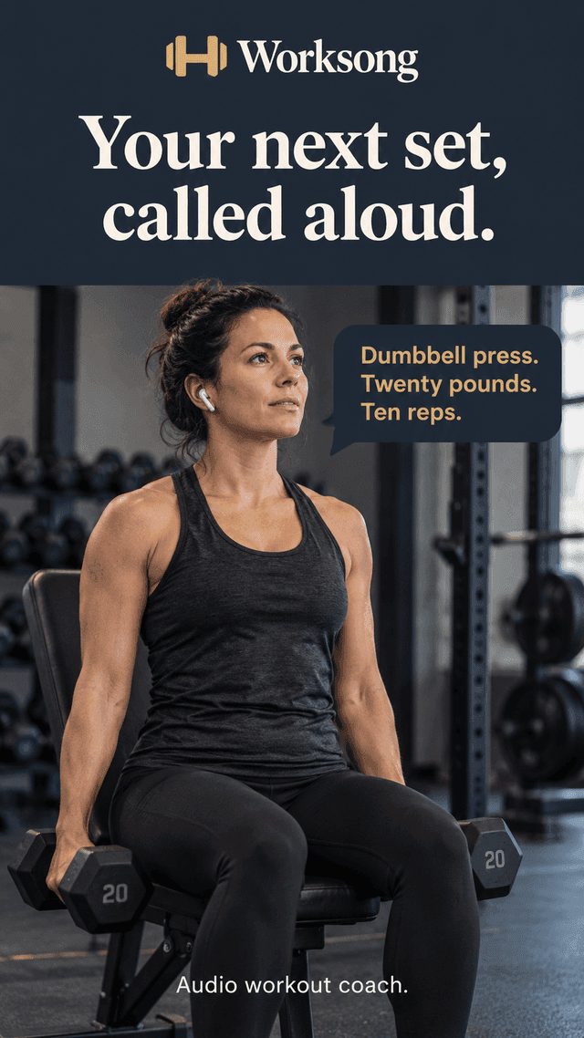 Your next set, called aloud. A woman on a bench hears "Dumbbell press. Twenty pounds. Ten reps."