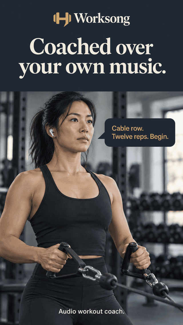 Coached over your own music. A woman at a cable machine hears "Cable row. Twelve reps. Begin."