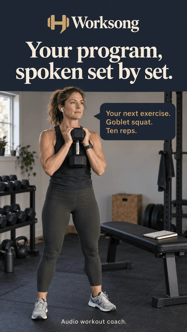Your program, spoken set by set. A woman holding a dumbbell hears "Your next exercise. Goblet squat. Ten reps."